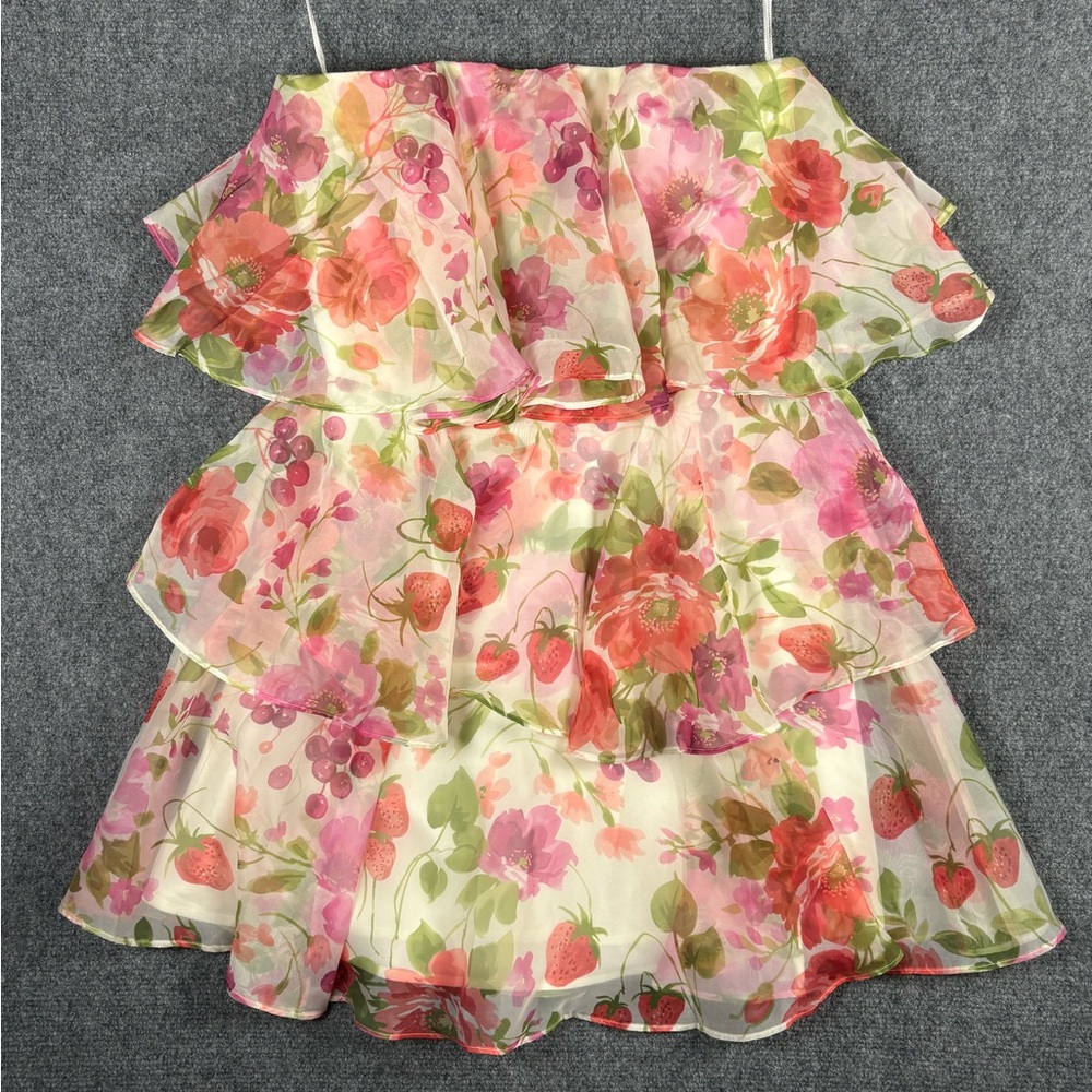 Abercrombie & Fitch Strapless Floral Strawberry Print Tiered Ruffle Mini Dress